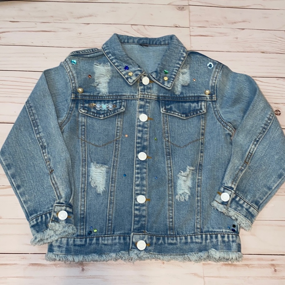 Girls distressed bejeweled denim jacket